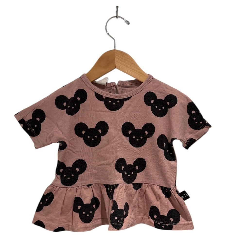 HUXBABY light pink & black mouse print peplum t-shirt - size 3